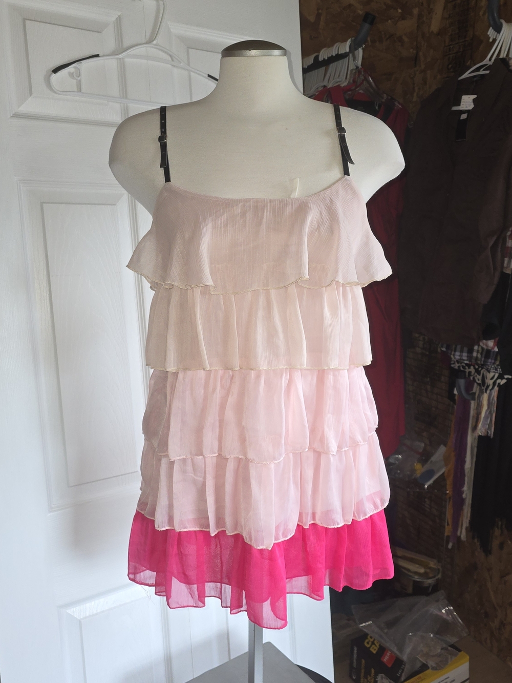 Paradis Miss Pink Ombre Tiered Ruffle Dress with Black Straps